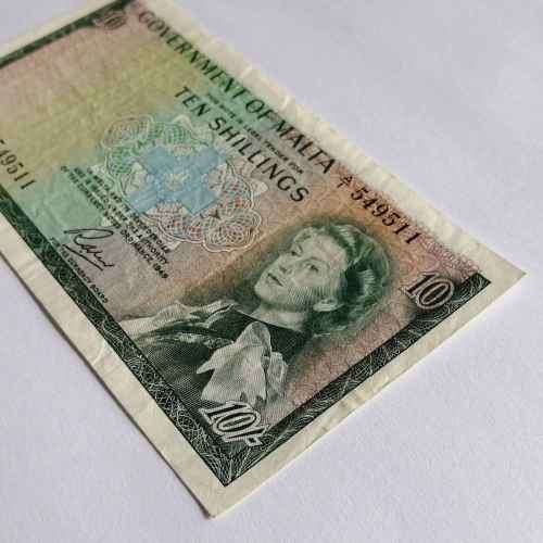 Malta 10 Shilling 1949 banknote XF with folds and creases
