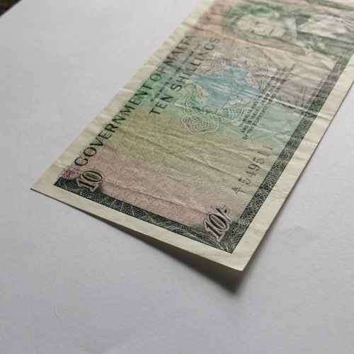 Malta 10 Shilling 1949 banknote XF with folds and creases