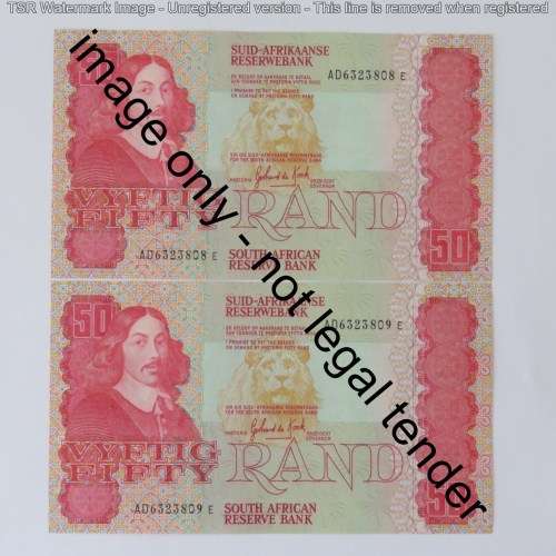 GPC de Kock 3rd issue lot of 3 uncirculated R50 banknotes with consecutive numbers