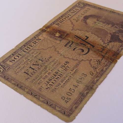 Southern Rhodesia 5 Shilling banknote - Well used - Tape marks - 1 January 1948