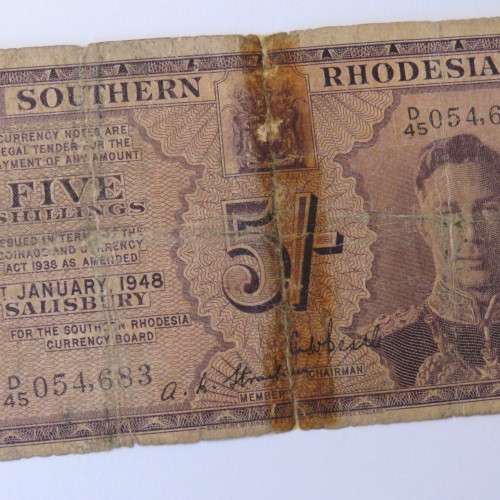 Southern Rhodesia 5 Shilling banknote - Well used - Tape marks - 1 January 1948