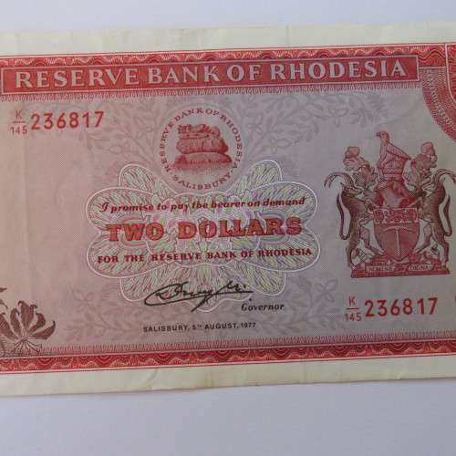 Reserve Bank of Rhodesia Two Dollars 5 August 1977 EF with vertical fold marks