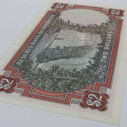 Reserve Bank of Rhodesia Two dollars 15 April 1977 uncirculated with paper clip dent