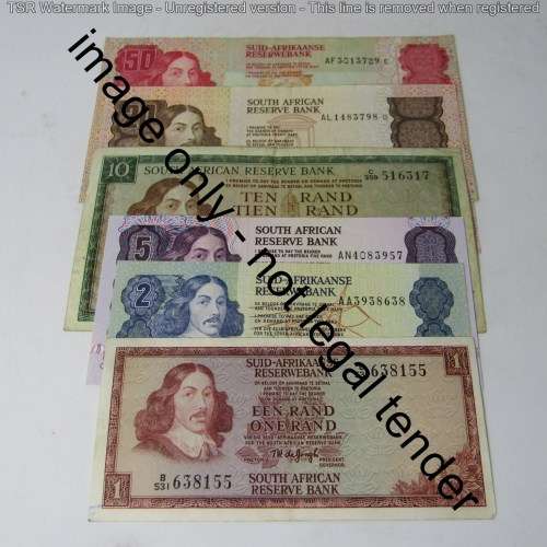 Lot of 6 old South Africa banknotes - R1, R2, R5, R10 R20 and R50