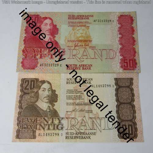 Lot of 6 old South Africa banknotes - R1, R2, R5, R10 R20 and R50