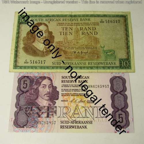 Lot of 6 old South Africa banknotes - R1, R2, R5, R10 R20 and R50