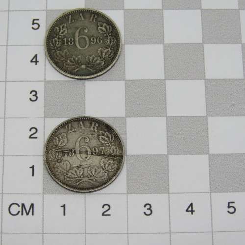 1896 and 1897 ZAR Paul Kruger 6d coins sixpences very well used