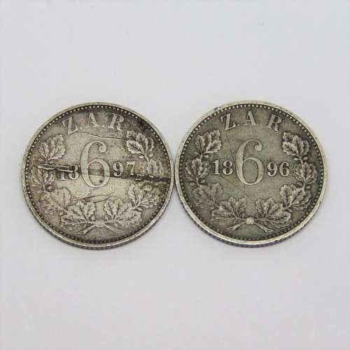 1896 and 1897 ZAR Paul Kruger 6d coins sixpences very well used