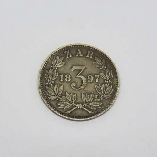 1897 ZAR Paul Kruger 3d VF+ rim damage tickey