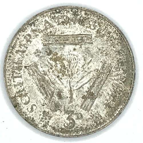 1932 SA Union 3d tickey  - cracked die 1/2 moon - bottom o reverse