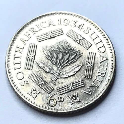 1934 SA Union Sixpence - AU / UNC