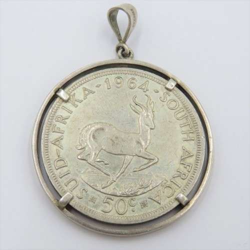 1964 South Africa silver 50 cent in silver surround - Pendant