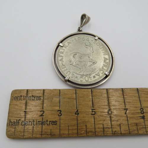 1964 South Africa silver 50 cent in silver surround - Pendant