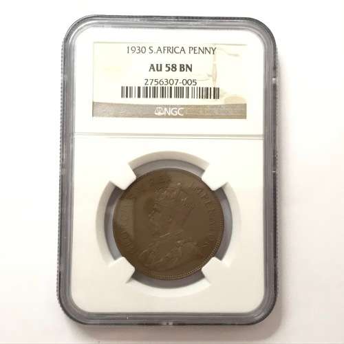 1930 SA Union one penny graded AU 58 BN by NGC