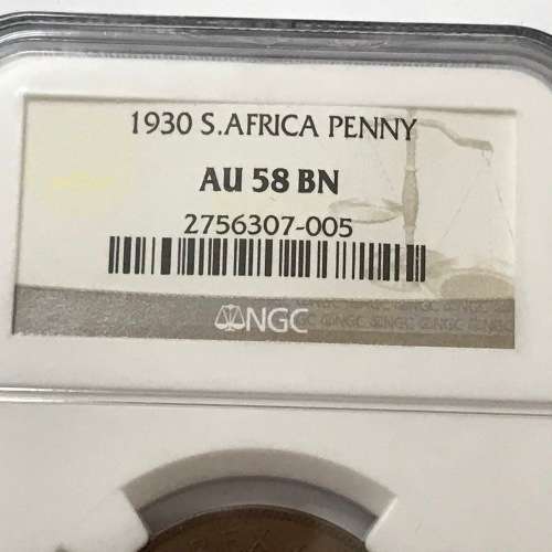 1930 SA Union one penny graded AU 58 BN by NGC