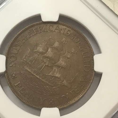 1930 SA Union one penny graded AU 58 BN by NGC