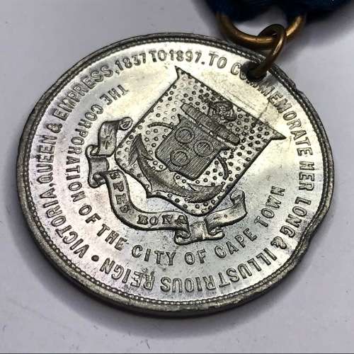 Victoria 1897 City of Cape Town lead medallion with ribbon