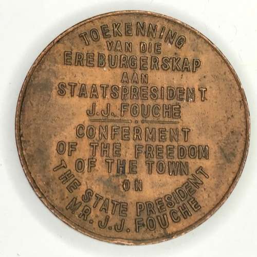 Freedom of the town Krugersdorp medallion - President JJ Fouche