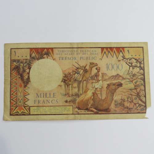 French Afars and Issas 1000 Francs banknote - B1 corner tear