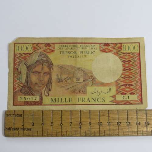 French Afars and Issas 1000 Francs banknote C1 corner tear