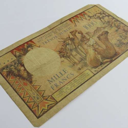 French Afars and Issas 1000 Francs banknote C1 corner tear