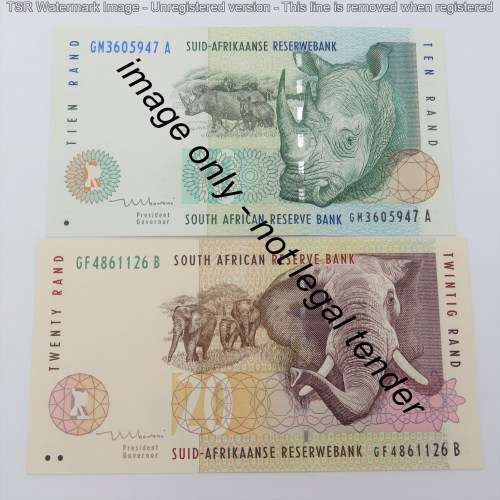 RSA Mboweni 1st issue R10 and R20 banknotes - UNC but slightly impaired