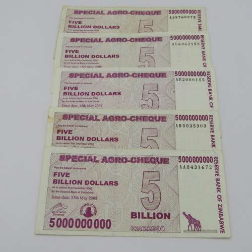 Lot of 5 Special Agro Zimbabwe cheques - 5 Billion Dollars series - AA, AB, AC, AD and AE