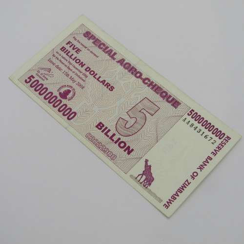 Lot of 5 Special Agro Zimbabwe cheques - 5 Billion Dollars series - AA, AB, AC, AD and AE