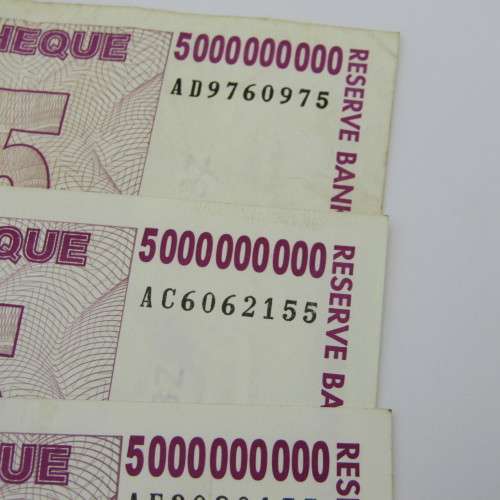 Lot of 5 Special Agro Zimbabwe cheques - 5 Billion Dollars series - AA, AB, AC, AD and AE