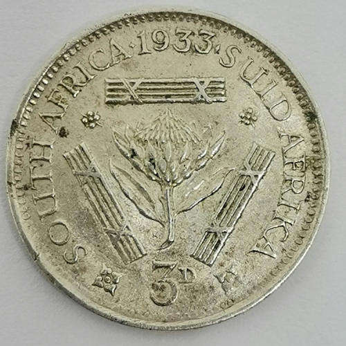 South Africa 1933 tickey 3d EF - high 2nd 3