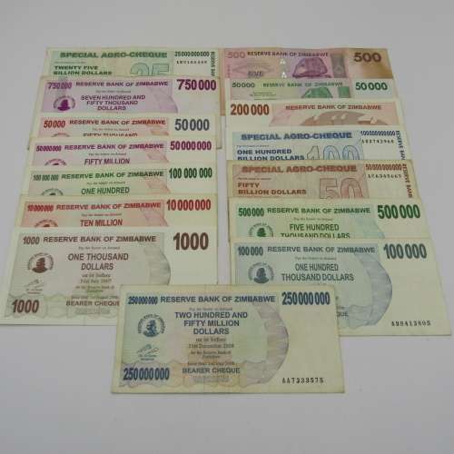 Lot of 15 Zimbabwe banknotes sold as one lot