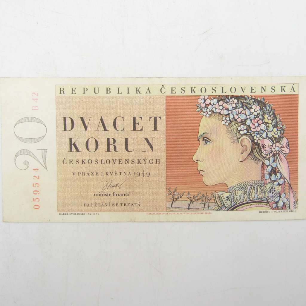 Czwchosovakia 1949 banknote 20 Korun - middle fold