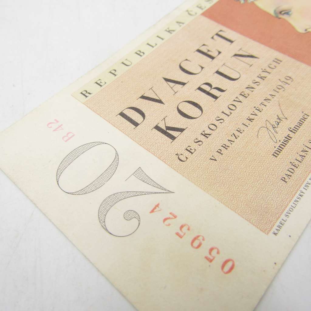 Czwchosovakia 1949 banknote 20 Korun - middle fold