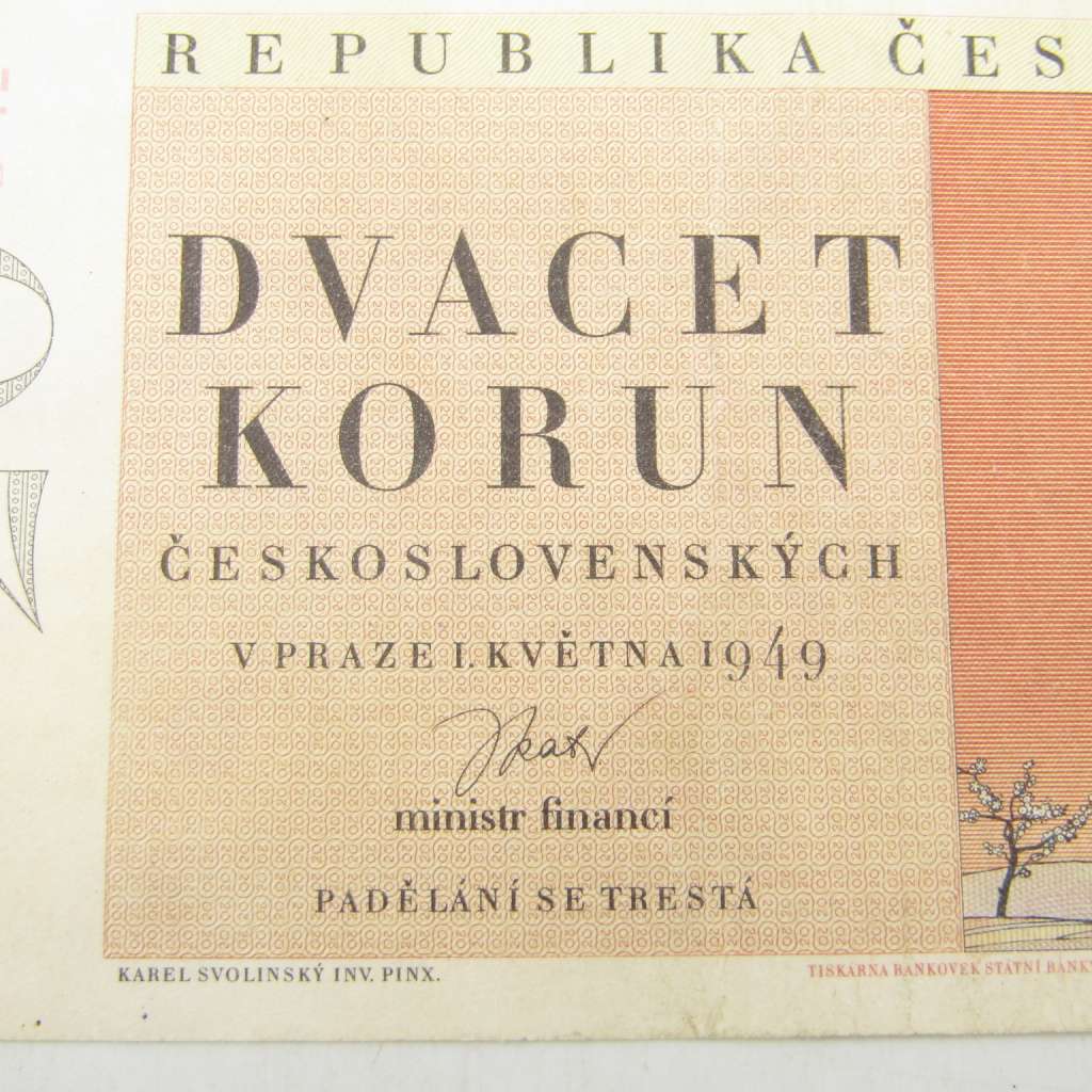 Czwchosovakia 1949 banknote 20 Korun - middle fold