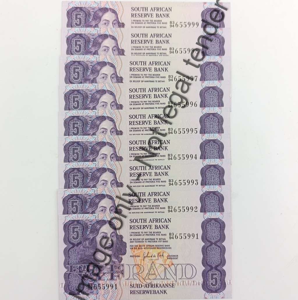Banknotes SA GPC de Kock 2nd Issue Lot of 9 banknotes R5 with consecutive numbers - uncirculated