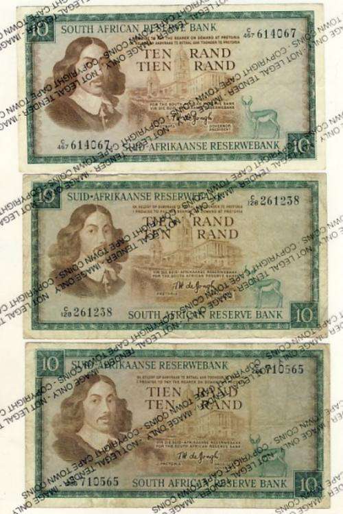 TW de Jongh  lot of 3 Ten rand notes - as per scan