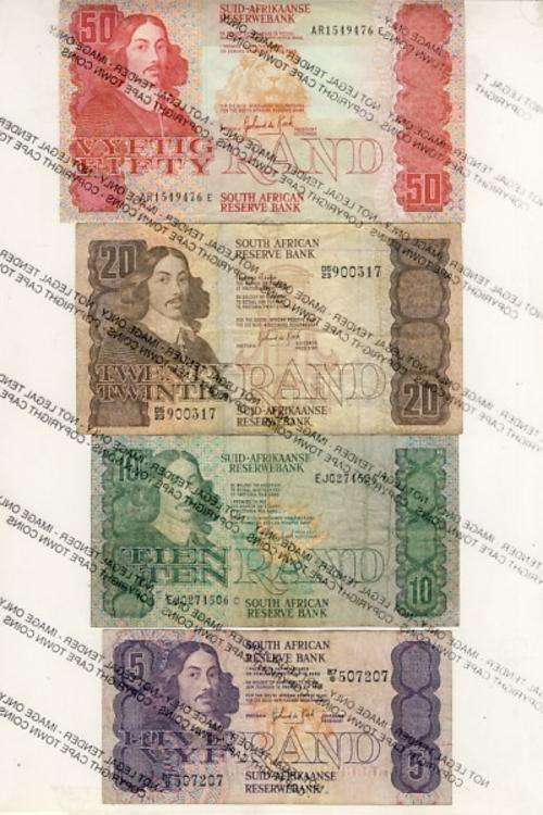 Set of GPC de Kock banknotes R2, R5, R10, R20 & R50