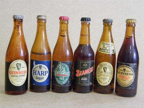 Lot of 6 vintage miniature beer bottles as per scan - 84mm high you bid per bottle to take all