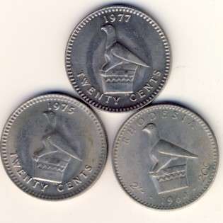 Rhodesia 3 UNC 20 c pieces 1964, 1975, 1977