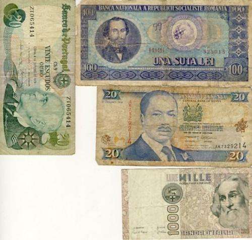 4 World Banknotes - Portugal, Kenya, Romania, Italy