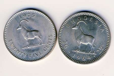 Rhodesia set of 2 1964 half crown and 1975 25 cent - 4 sets available
