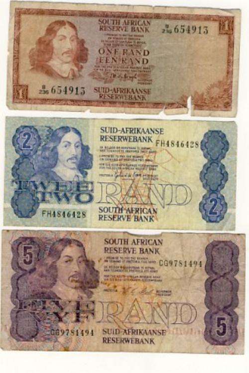 Lot of 5 old SA Banknotes R1, R2, R5, R10 & R20