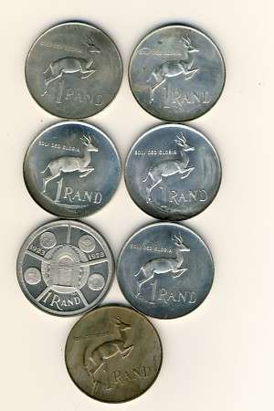 RSA Lot of 7 silver rands Hard to find 1970 - 1976 Taken from mint packs Not cleaned or dipped