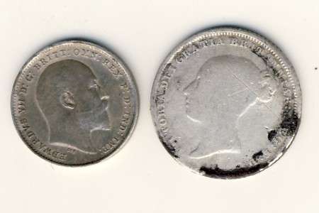Great Britain 1844 sixpence & 1903 three pence coins
