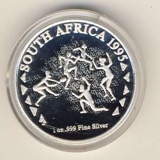 1995 Rugby World Cup 1 ounce silver coin in box of issue