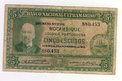 Mozambique 1945 CINO ( 5 ) Escudos - scarce note as per scan
