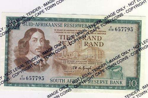 TW de Jongh 3rd Issue Ten Rand note Afr over Eng 1975