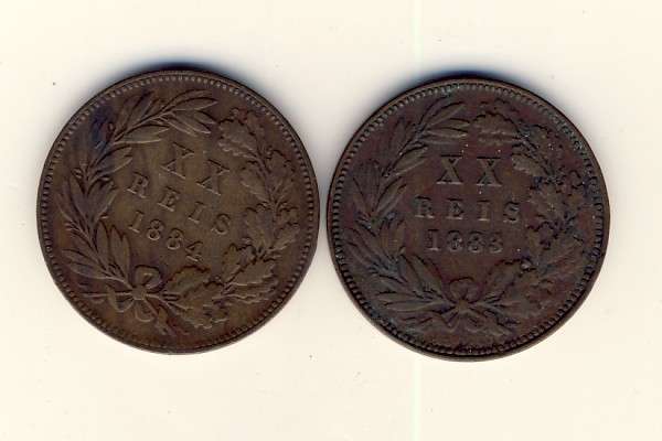 Portugal 1883 & 1884 Twenty Reis coins - sold as a set