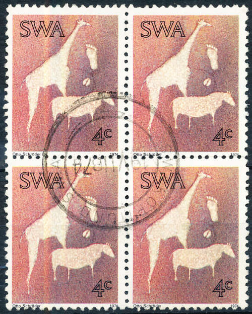 South West Africa - 1974 - Rock Engravings 4c block of 4 fine used . SACC 273 .