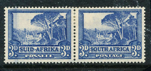 South Africa - 1947 - 54 - 3d blue mint hinged horiz pair variety vertical smudge . SACC 116 .
